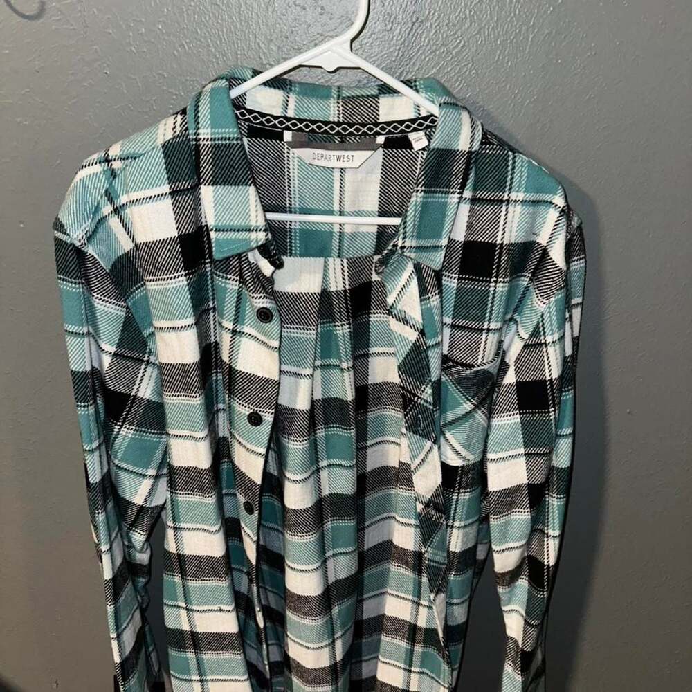 Departwest Teal and White Plaid Thin flannel Button Up Shirt
